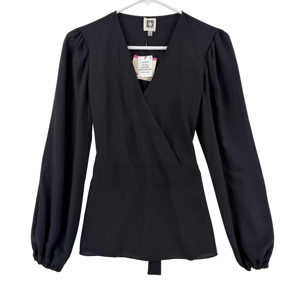 Anne Klein Blouse Womens XXS Black V Neck Wrap Belted Long Sleeve Top NWT